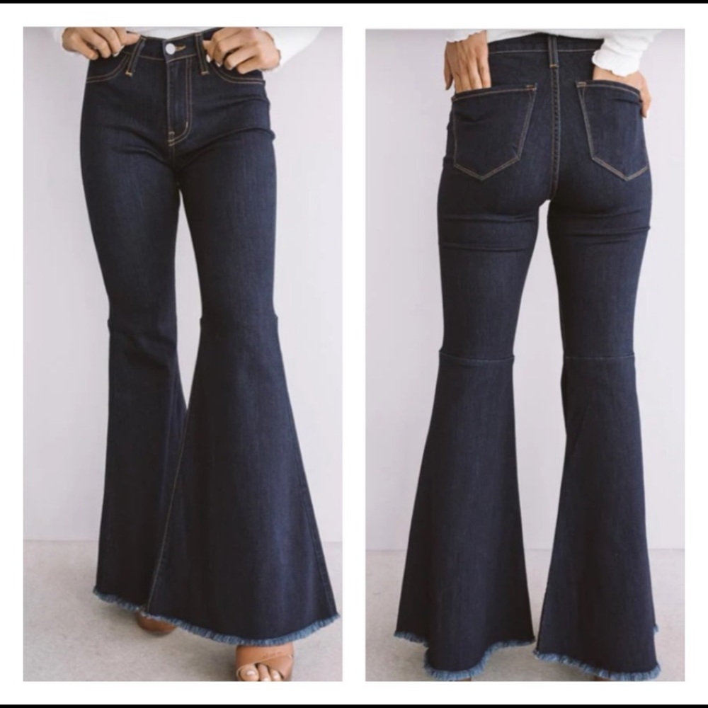 Judy Blue Dark Blue High Waist Super Flare Jeans Frayed Raw Hem Stretch Sz 1/25